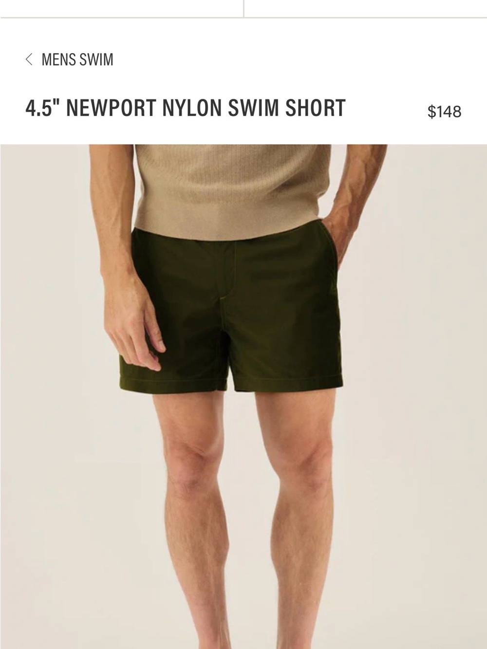 Buck Mason Olive Green Nylon Swim Trunks 4.5” - Medium (33 waist)